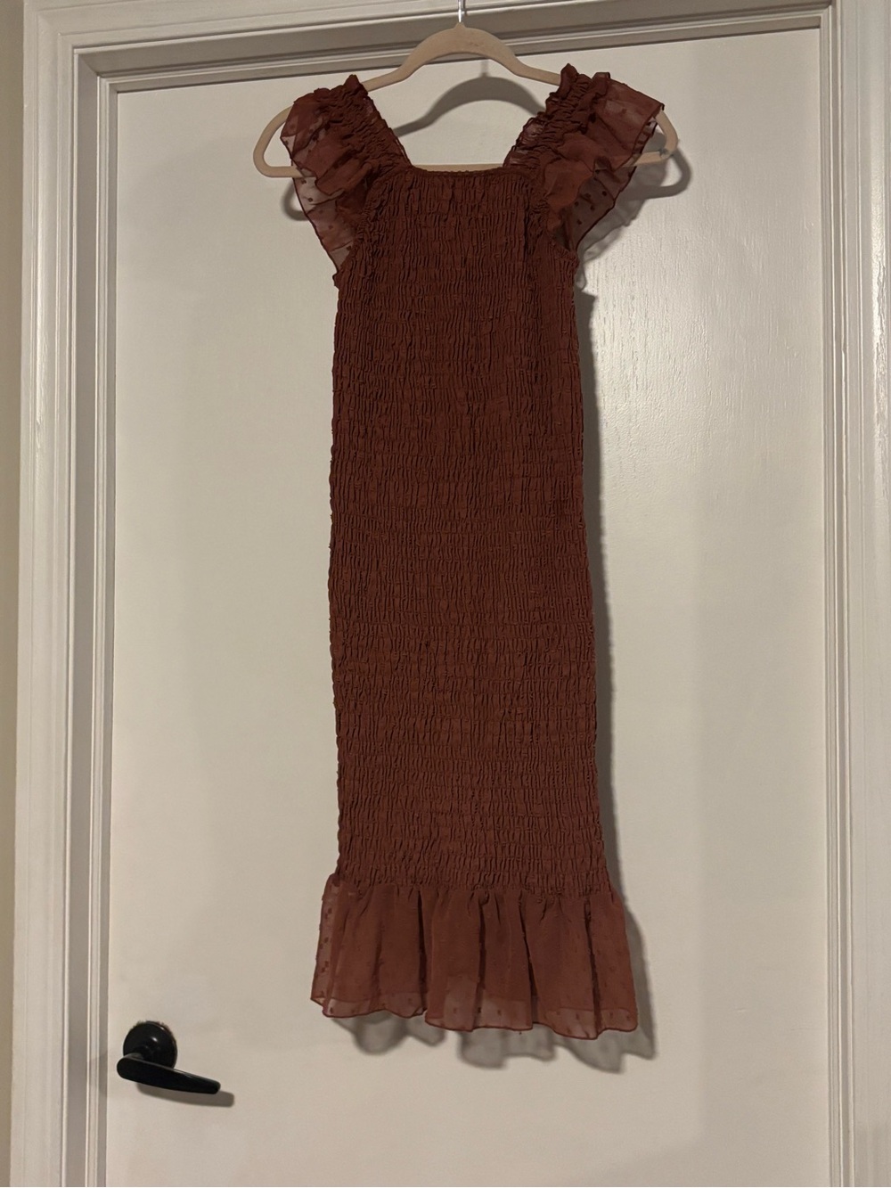 Brown Ruffle Sleeve Smocked Midi Dress